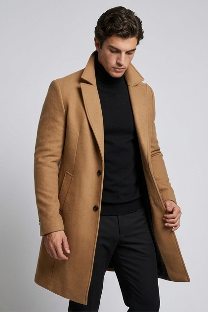 Men's slim-fit long tailored coat with notched lapels and button front