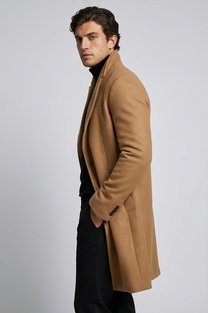Men's slim-fit long tailored coat with notched lapels and button front