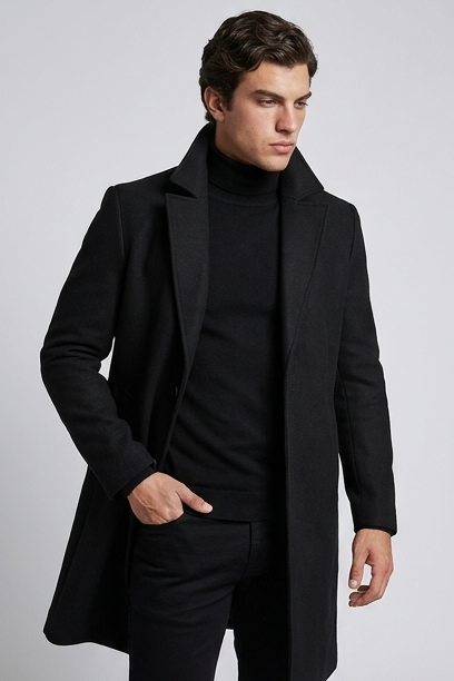 Men's slim-fit long tailored coat with notched lapels and button front