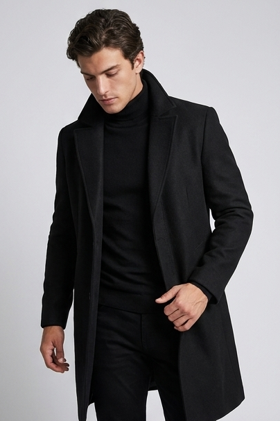 Men's slim-fit long tailored coat with notched lapels and button front
