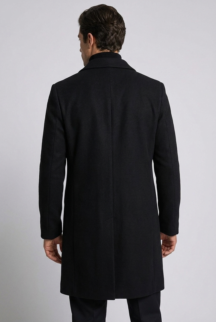 Men's slim-fit long tailored coat with notched lapels and button front