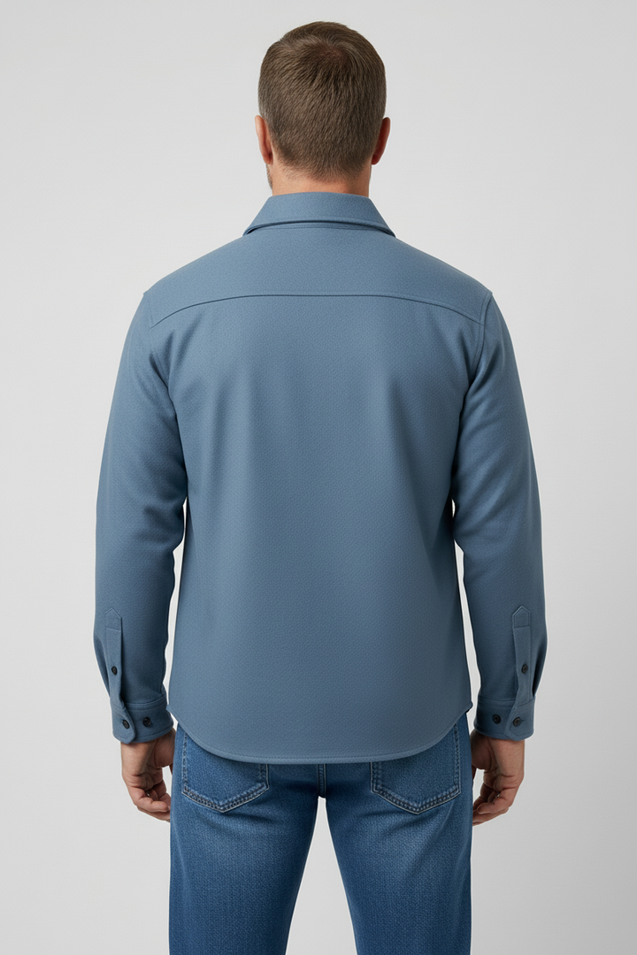 Men's long-sleeve utility jacket with pointed collar and two buttoned chest pockets