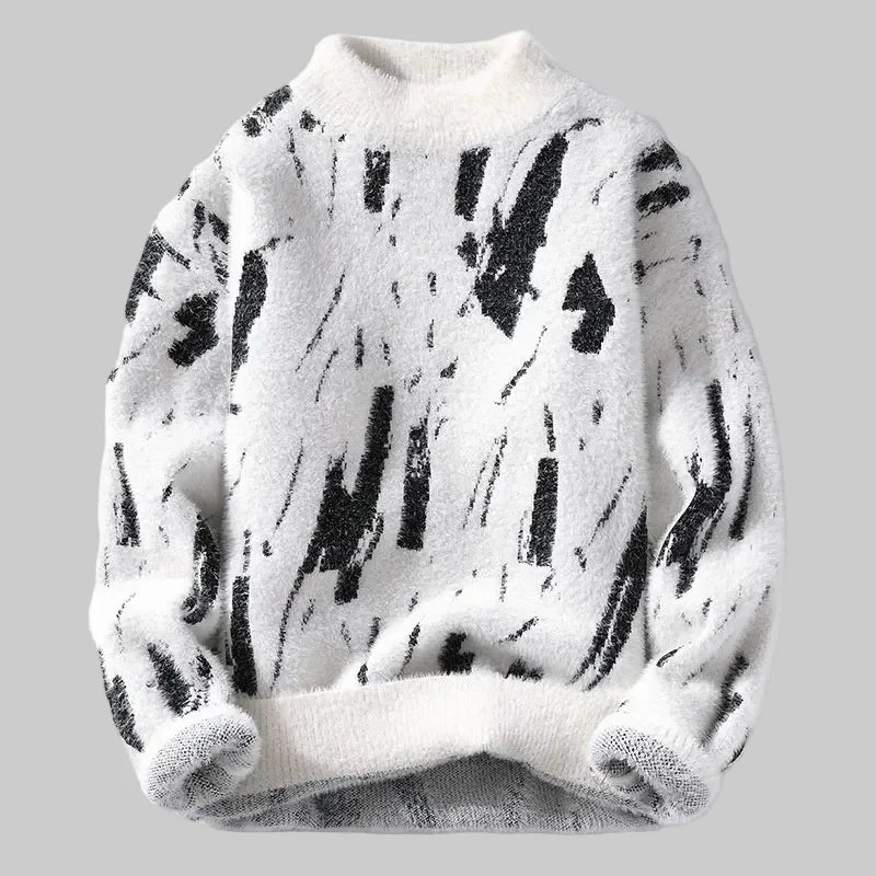 Men's abstract black mark pattern knit sweater with crew neck and long sleeves