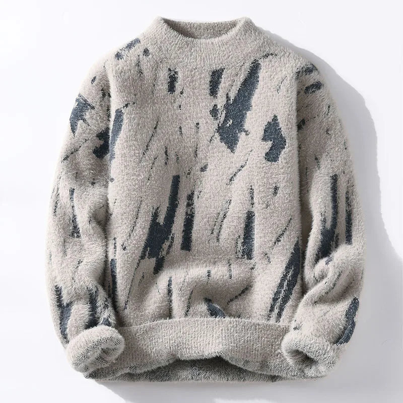 Men's abstract black mark pattern knit sweater with crew neck and long sleeves