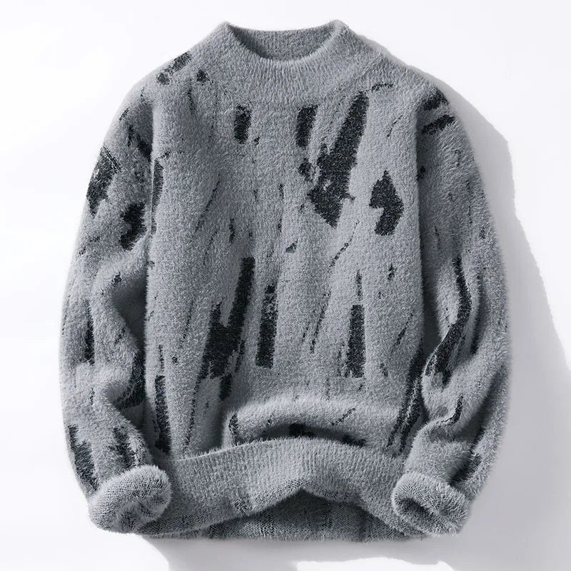 Men's abstract black mark pattern knit sweater with crew neck and long sleeves