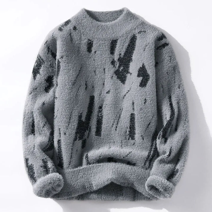 Men's abstract black mark pattern knit sweater with crew neck and long sleeves
