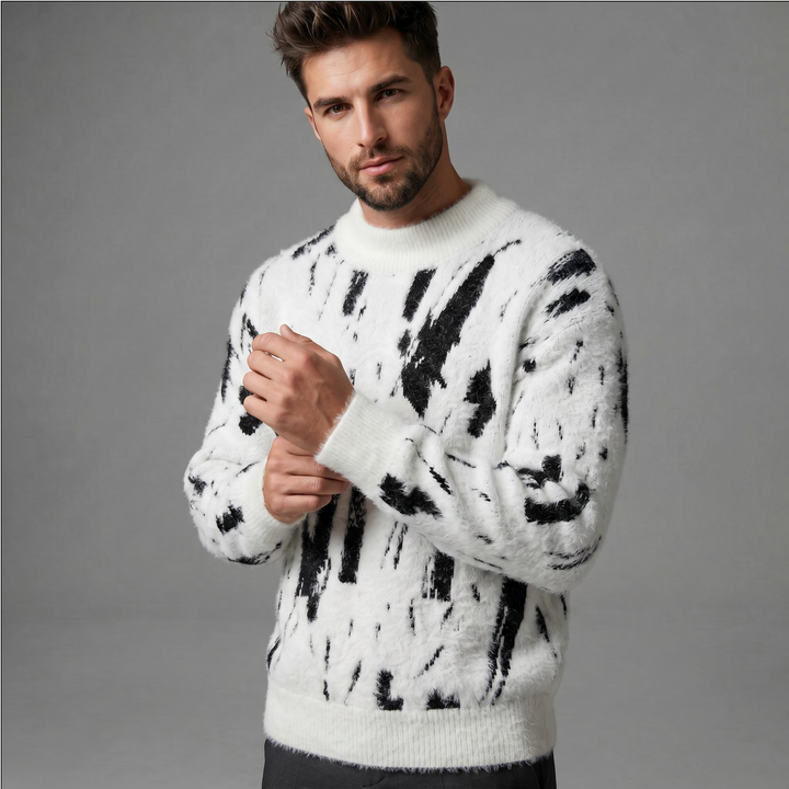 Men's abstract black mark pattern knit sweater with crew neck and long sleeves