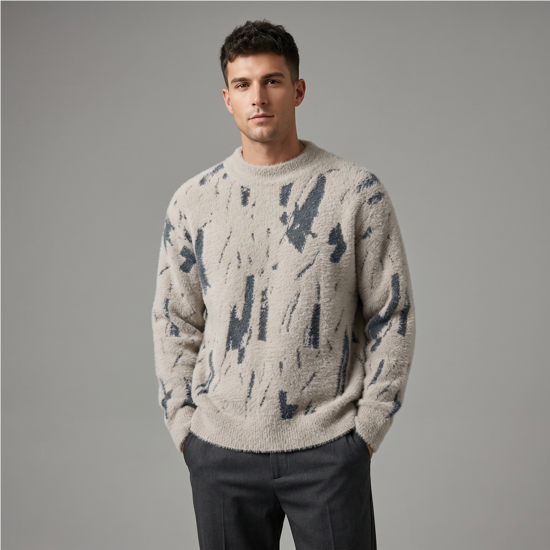Men's abstract black mark pattern knit sweater with crew neck and long sleeves