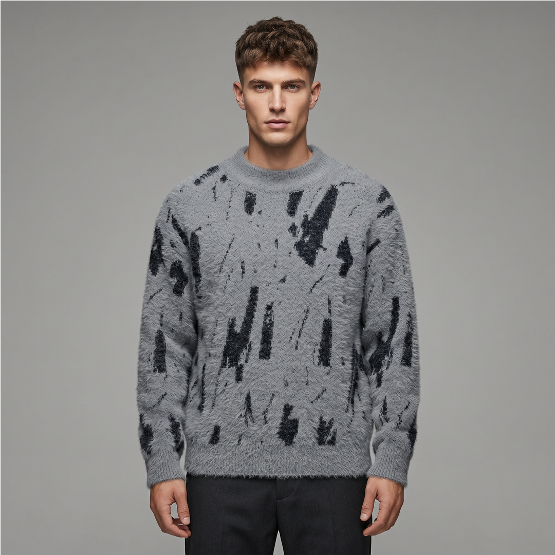 Men's abstract black mark pattern knit sweater with crew neck and long sleeves