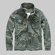 Men's short camouflage military jacket with stand collar, long sleeves and multiple pockets