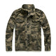 Men's short camouflage military jacket with stand collar, long sleeves and multiple pockets