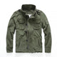 Men's short camouflage military jacket with stand collar, long sleeves and multiple pockets