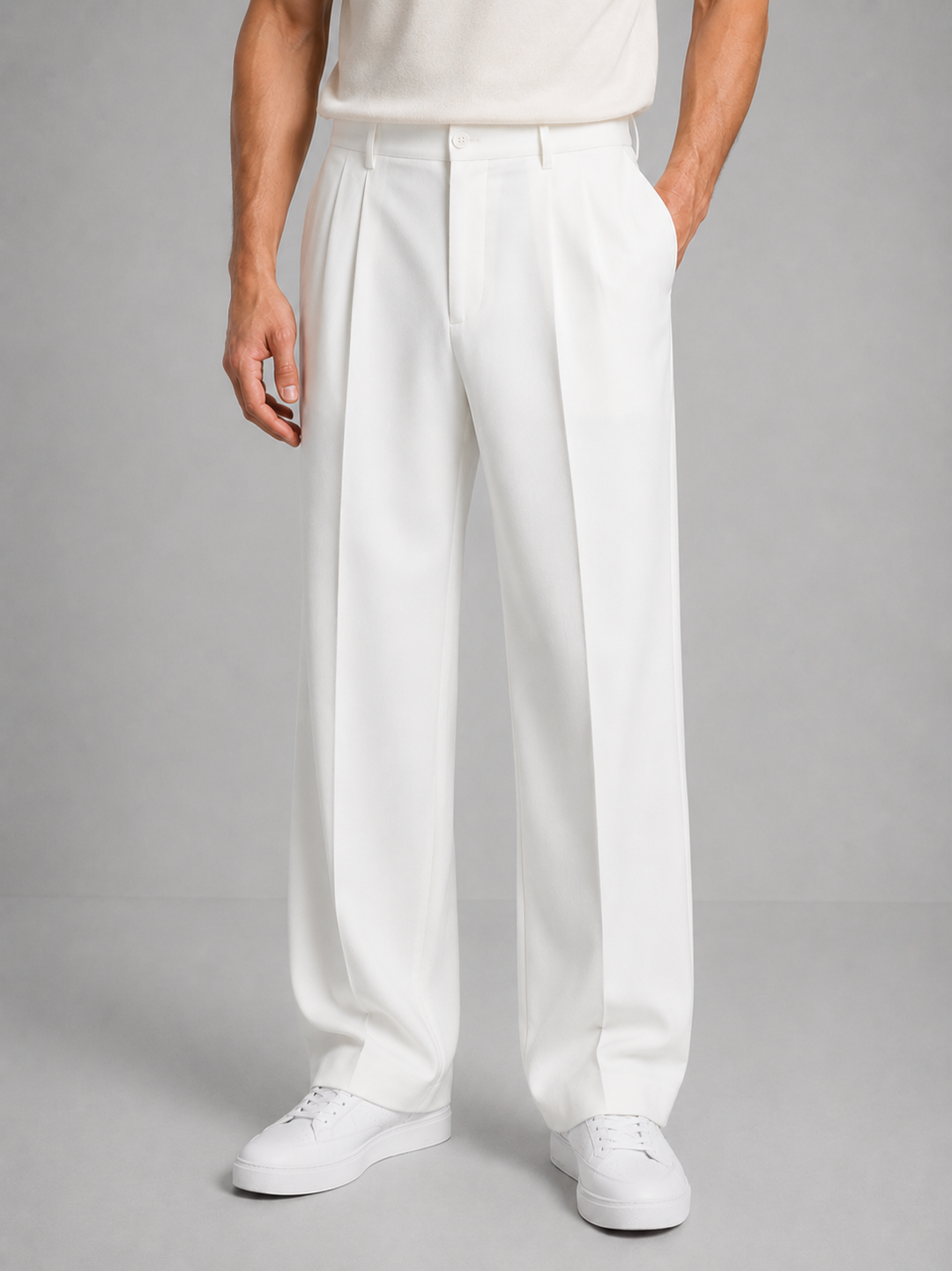 Men's straight leg tailored trousers with pleated front and side pockets