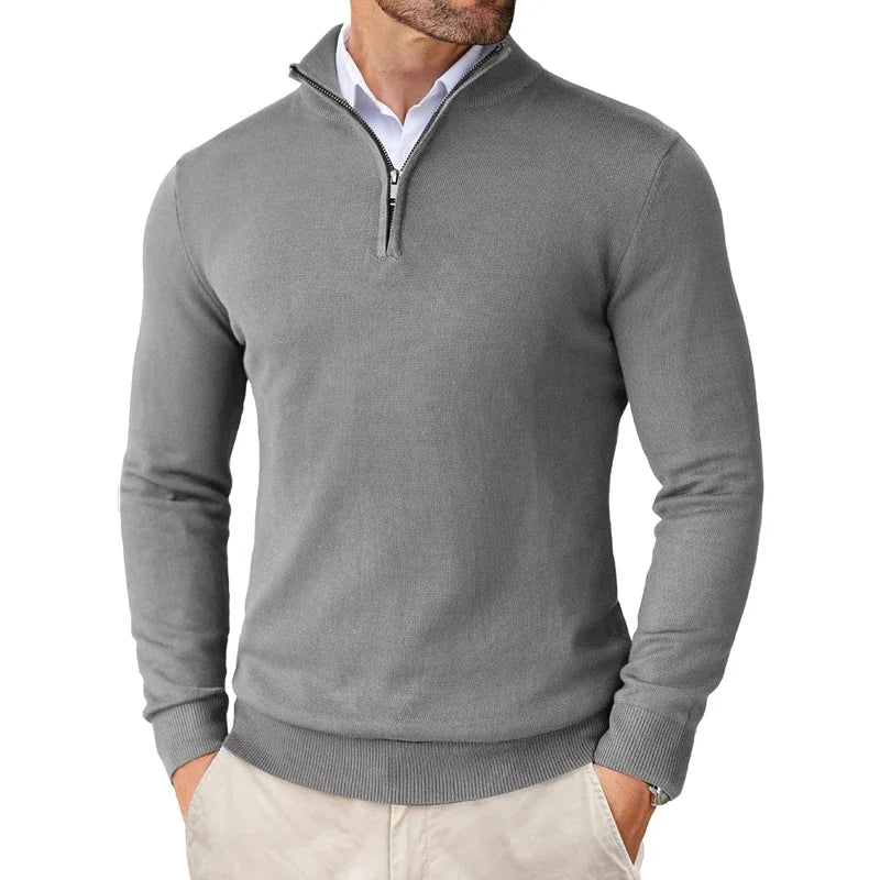 Men's long-sleeve half-zip mock neck sweater with ribbed cuffs and hem