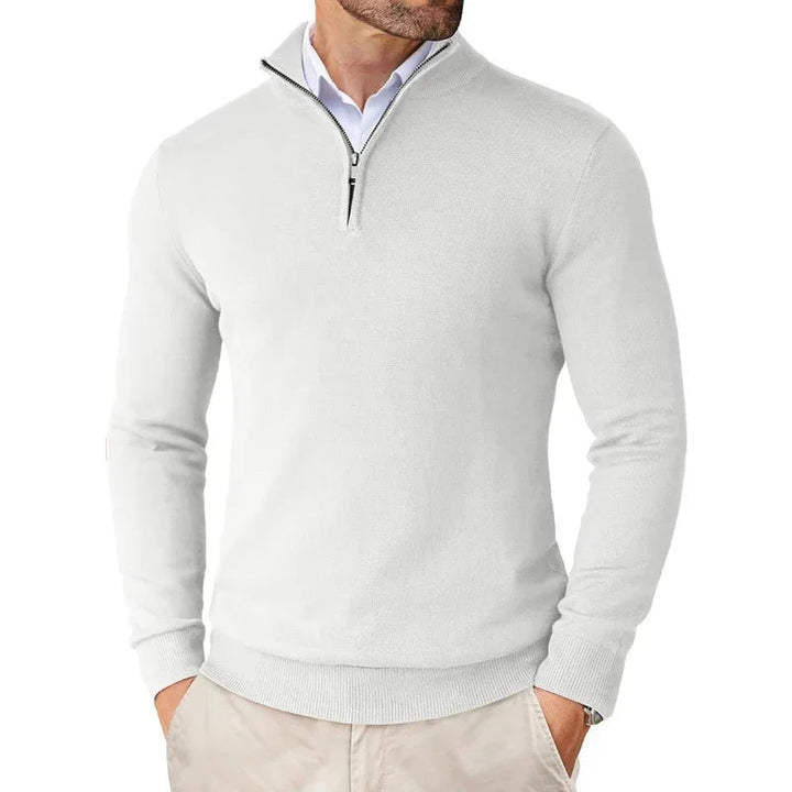 Men's long-sleeve half-zip mock neck sweater with ribbed cuffs and hem