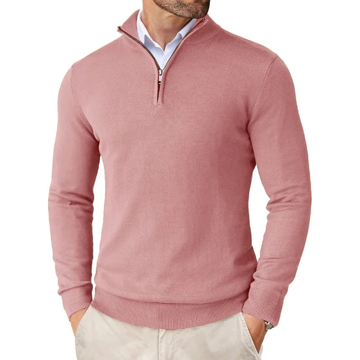 Men's long-sleeve half-zip mock neck sweater with ribbed cuffs and hem