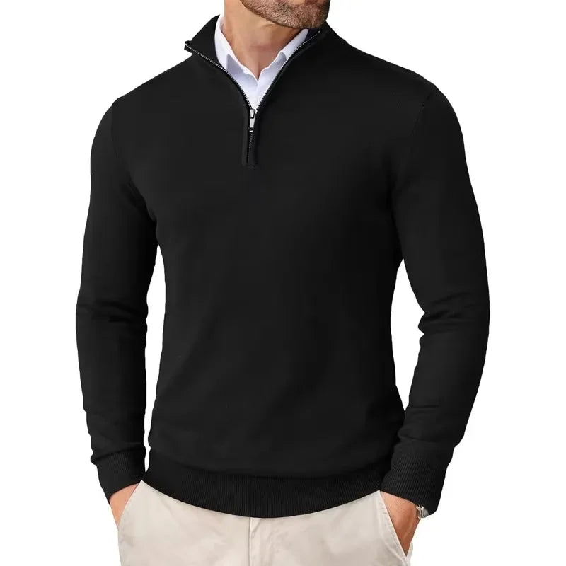 Men's long-sleeve half-zip mock neck sweater with ribbed cuffs and hem