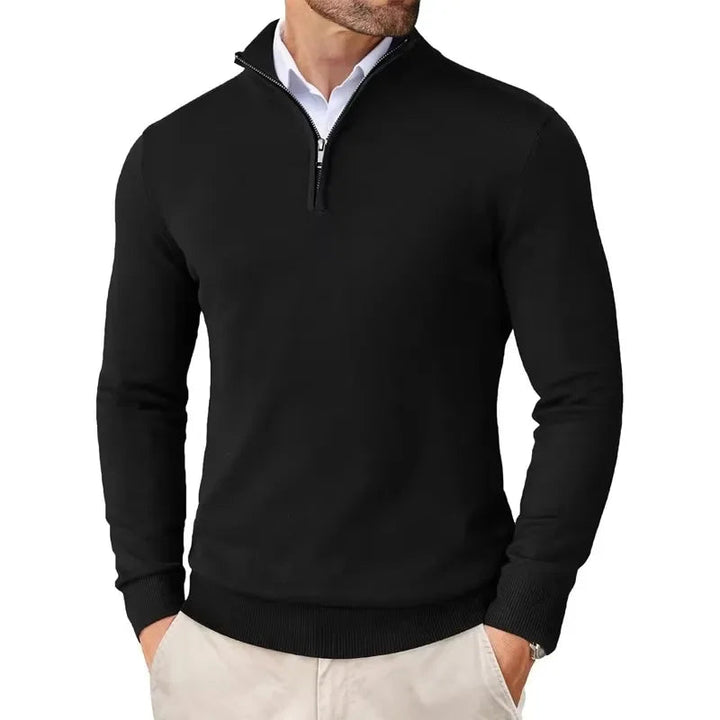 Men's long-sleeve half-zip mock neck sweater with ribbed cuffs and hem