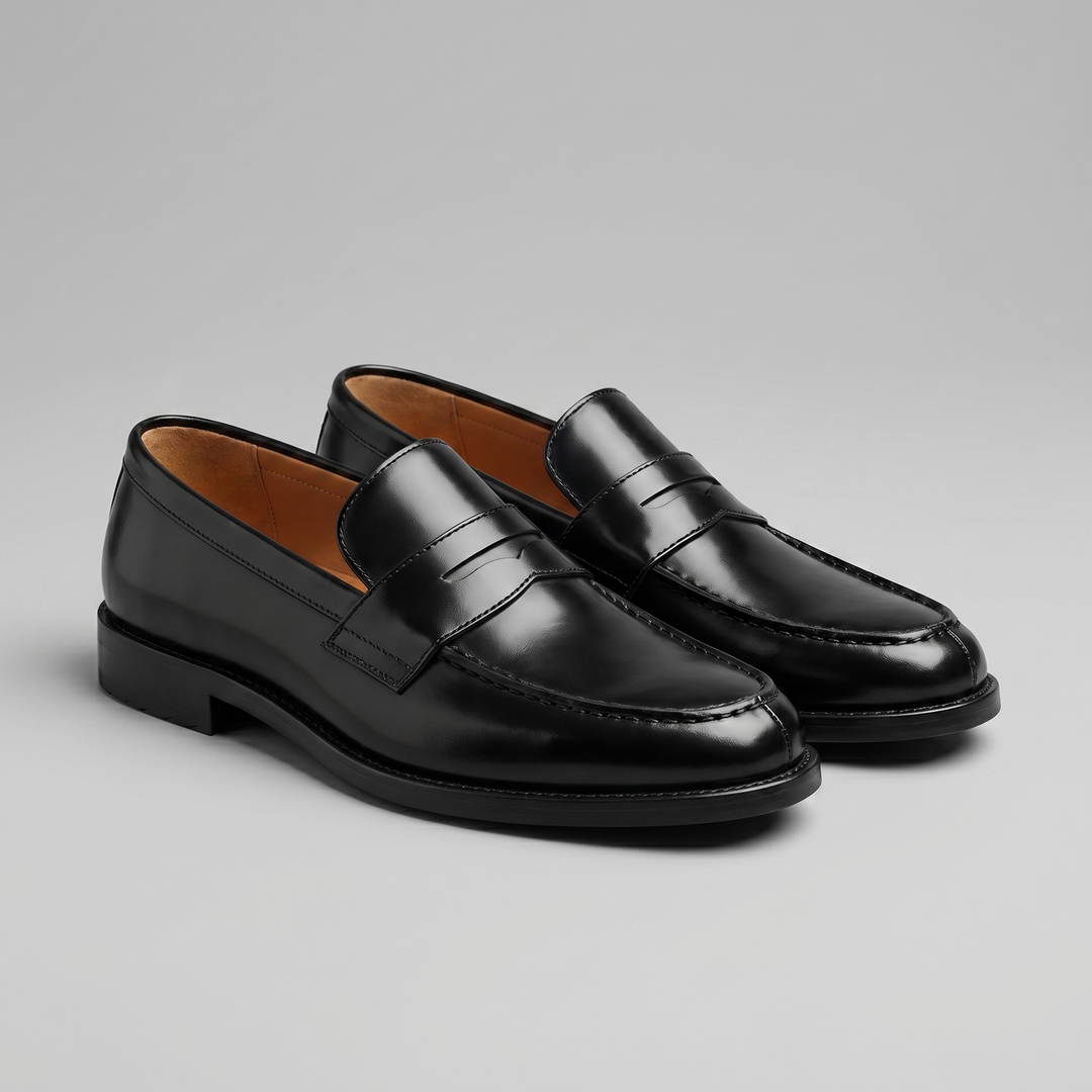 Men's black penny loafers with glossy finish, almond toe and low heel