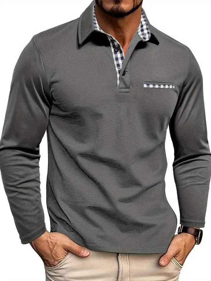Men's long sleeve polo shirt with checked collar trim, button placket and chest pocket