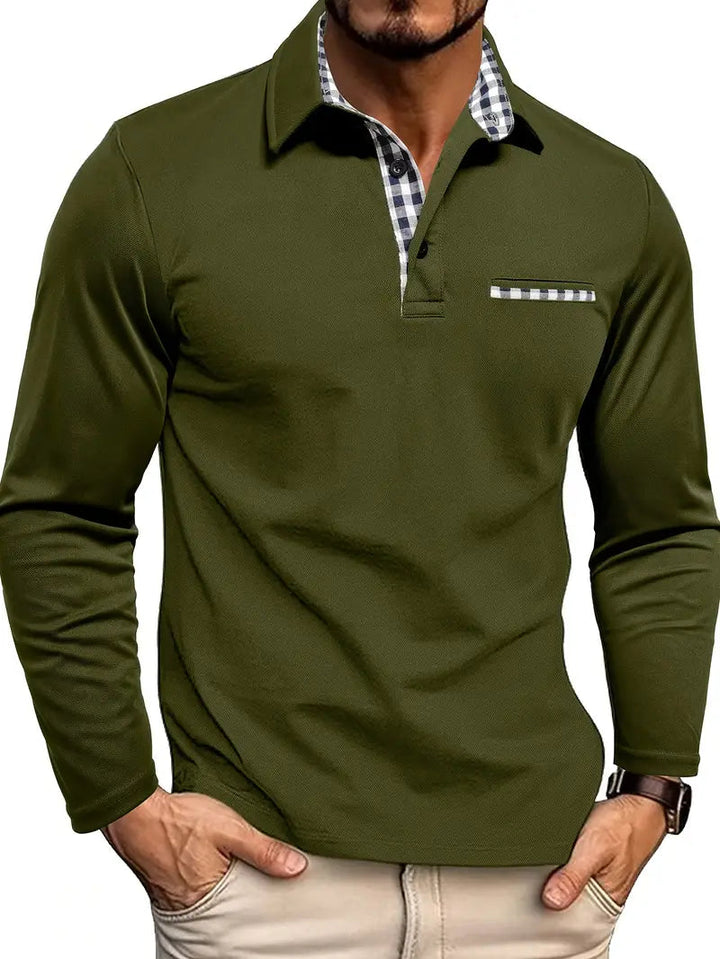 Men's long sleeve polo shirt with checked collar trim, button placket and chest pocket