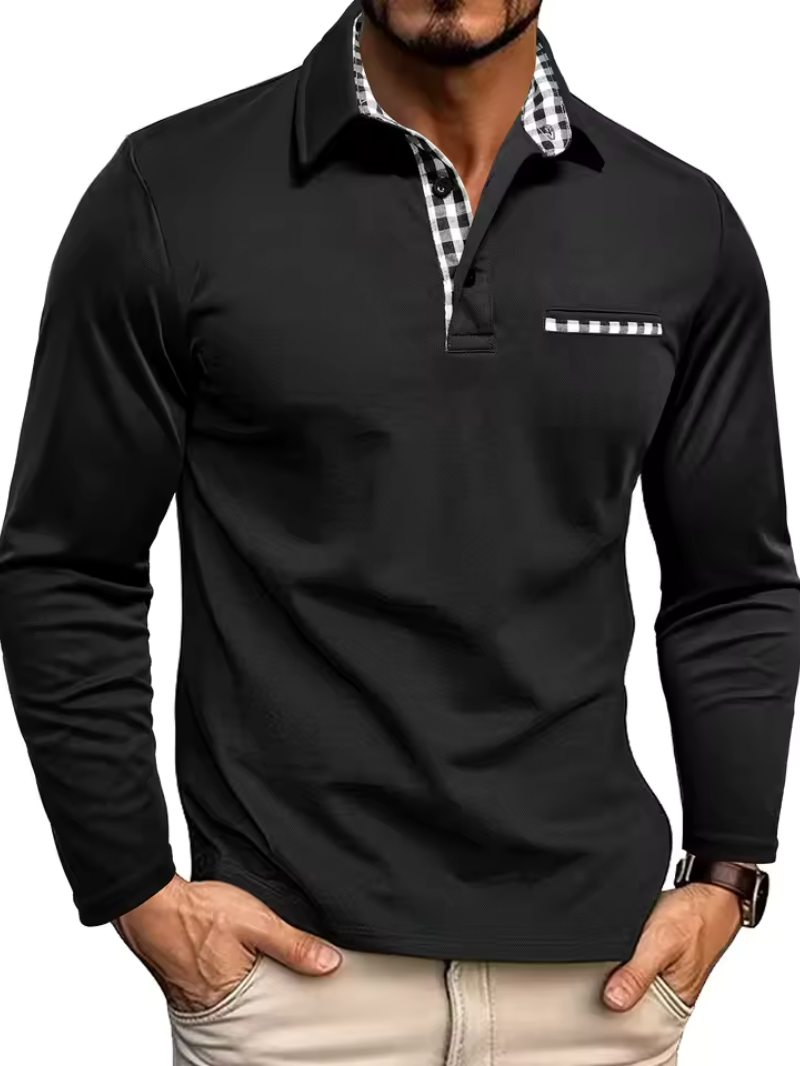 Men's long sleeve polo shirt with checked collar trim, button placket and chest pocket
