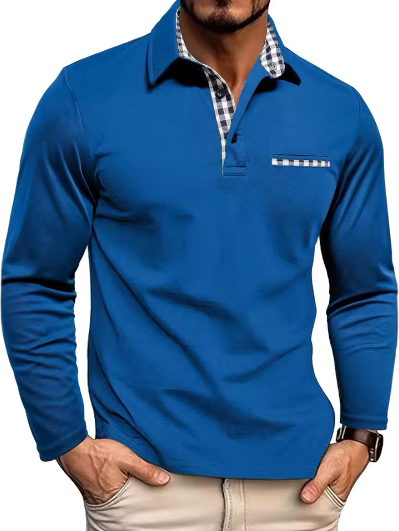 Men's long sleeve polo shirt with checked collar trim, button placket and chest pocket