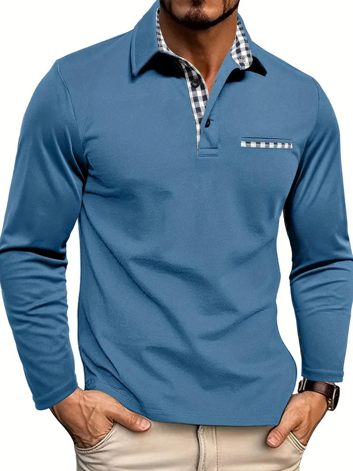 Men's long sleeve polo shirt with checked collar trim, button placket and chest pocket