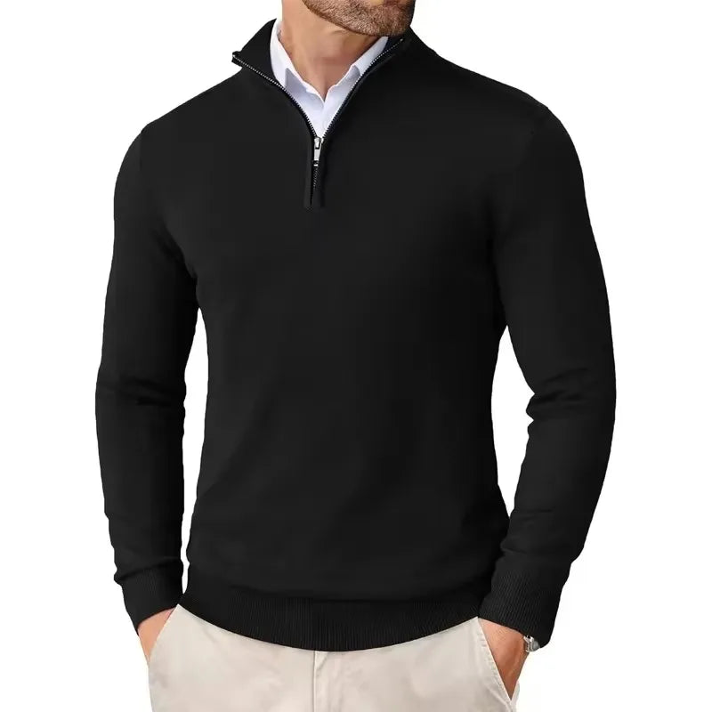 Men's slim fit quarter-zip sweater with mock neck and long sleeves
