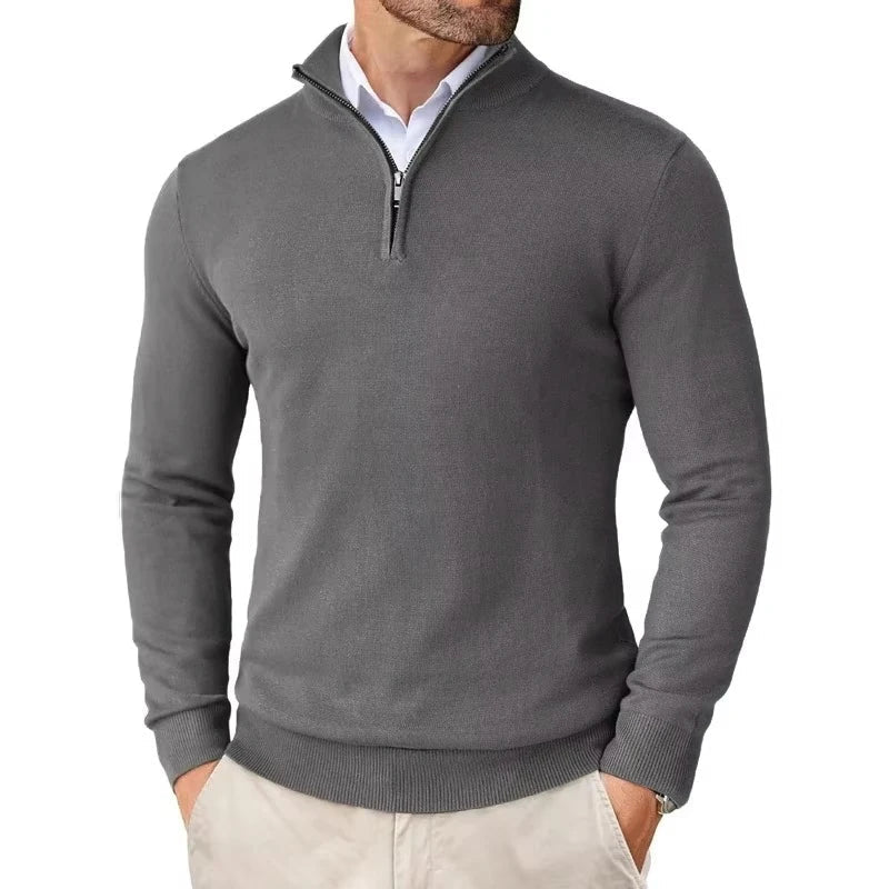 Men's slim fit quarter-zip sweater with mock neck and long sleeves