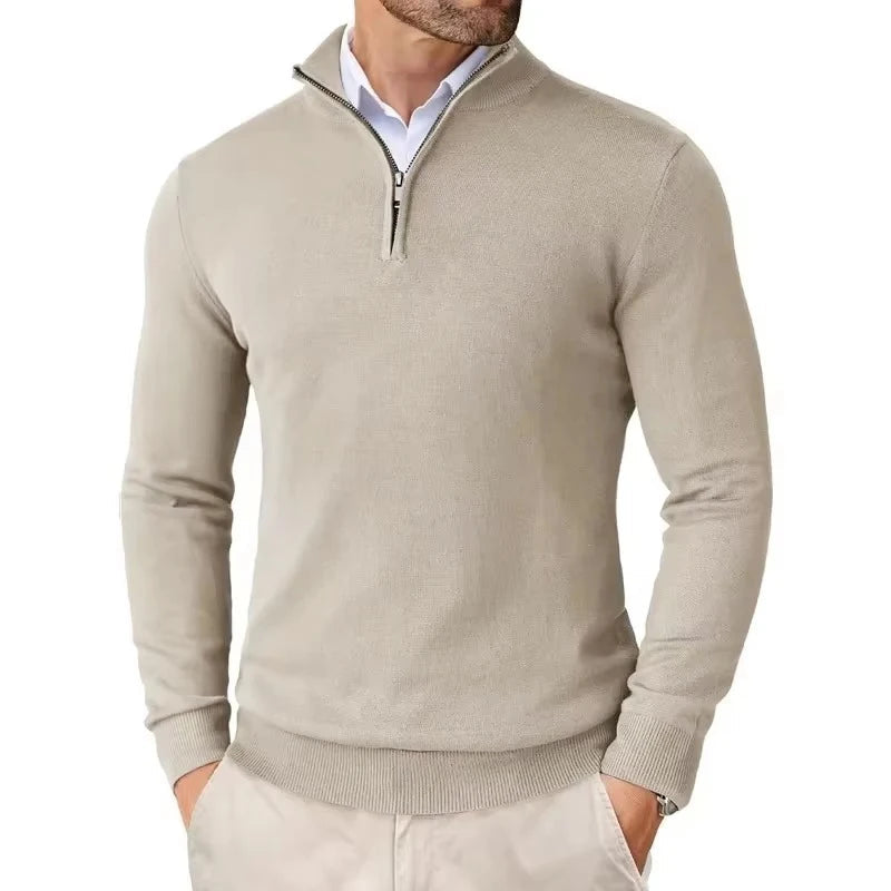 Men's slim fit quarter-zip sweater with mock neck and long sleeves