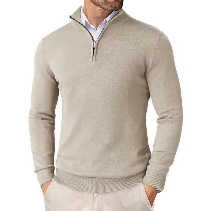Men's slim fit quarter-zip sweater with mock neck and long sleeves