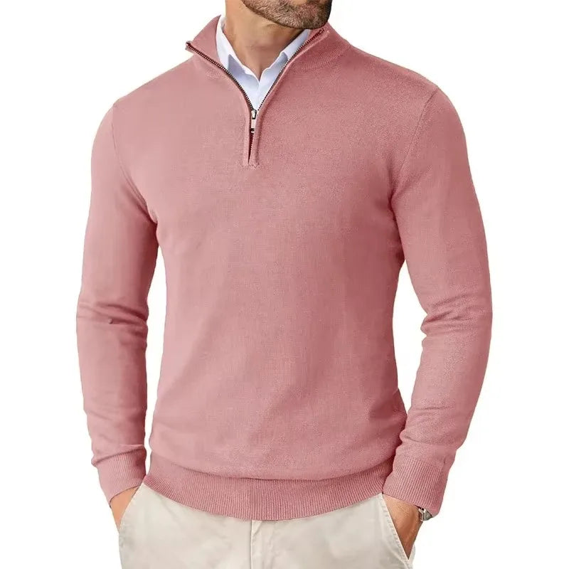 Men's slim fit quarter-zip sweater with mock neck and long sleeves