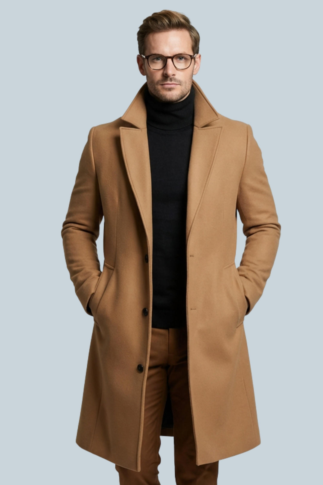 Men's long slim fit coat with notched lapels, button front and side pockets