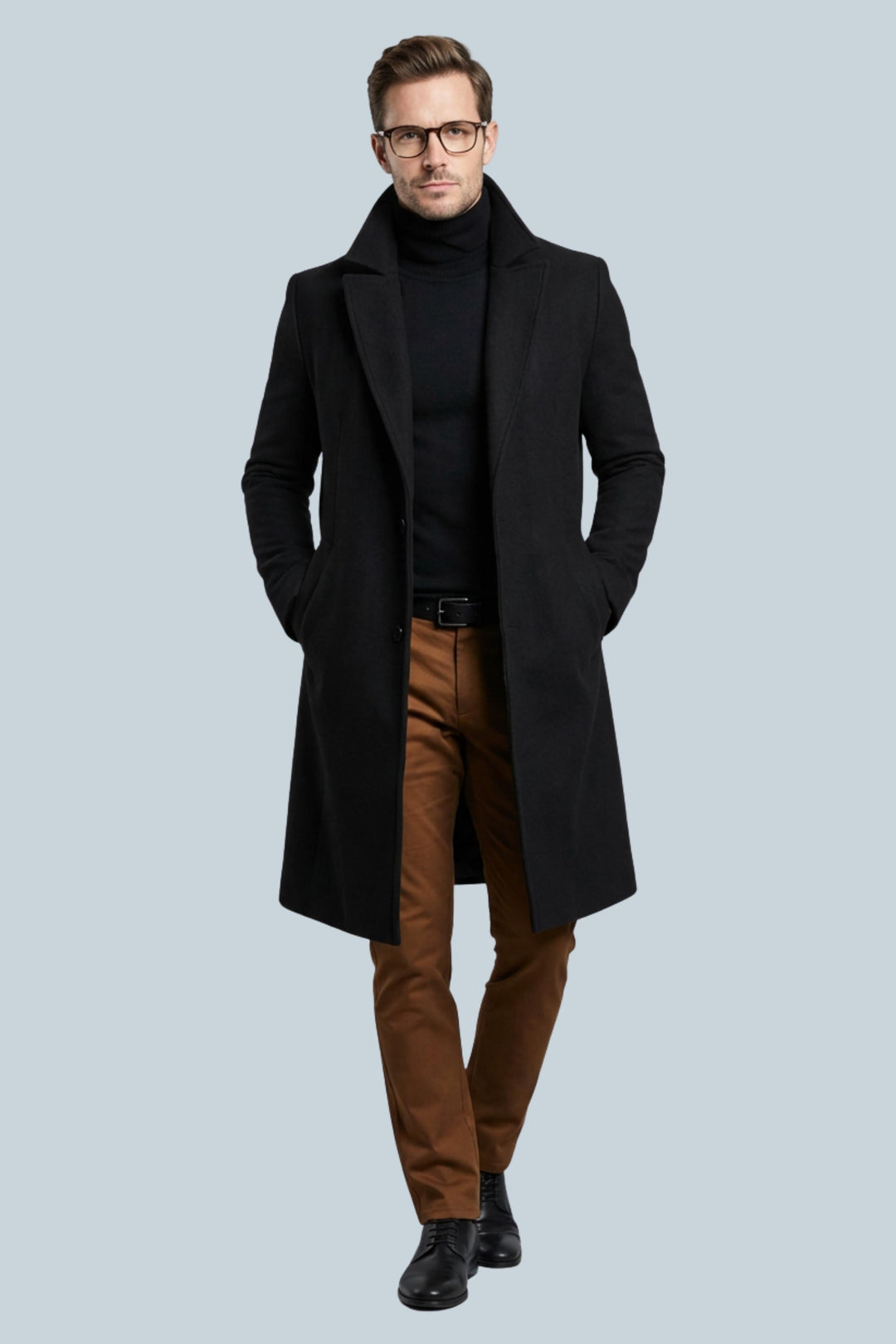 Men's long slim fit coat with notched lapels, button front and side pockets