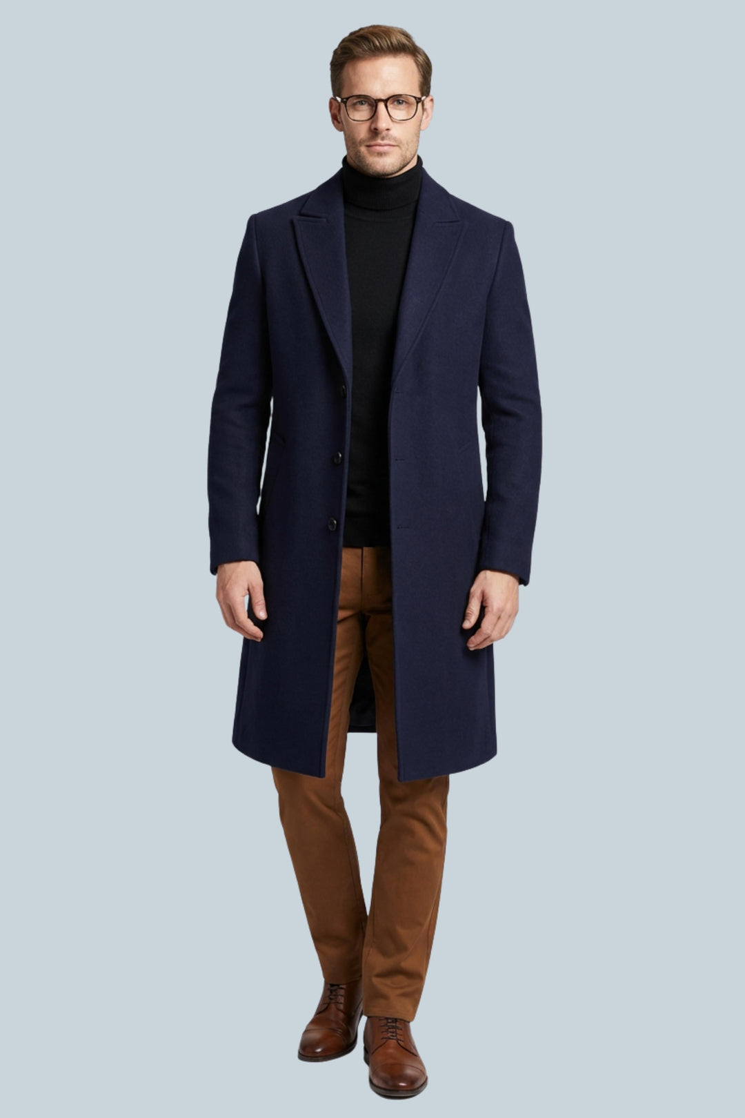 Men's long slim fit coat with notched lapels, button front and side pockets