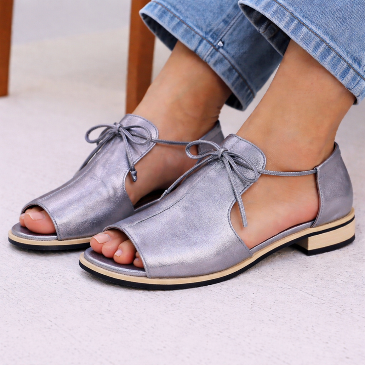 Ira | Women's Metallic Leather Open Toe Flat Sandals