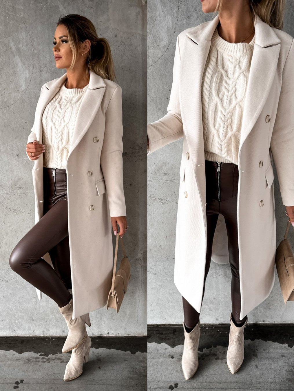 Women's long double-breasted coat with lapels and flap pockets