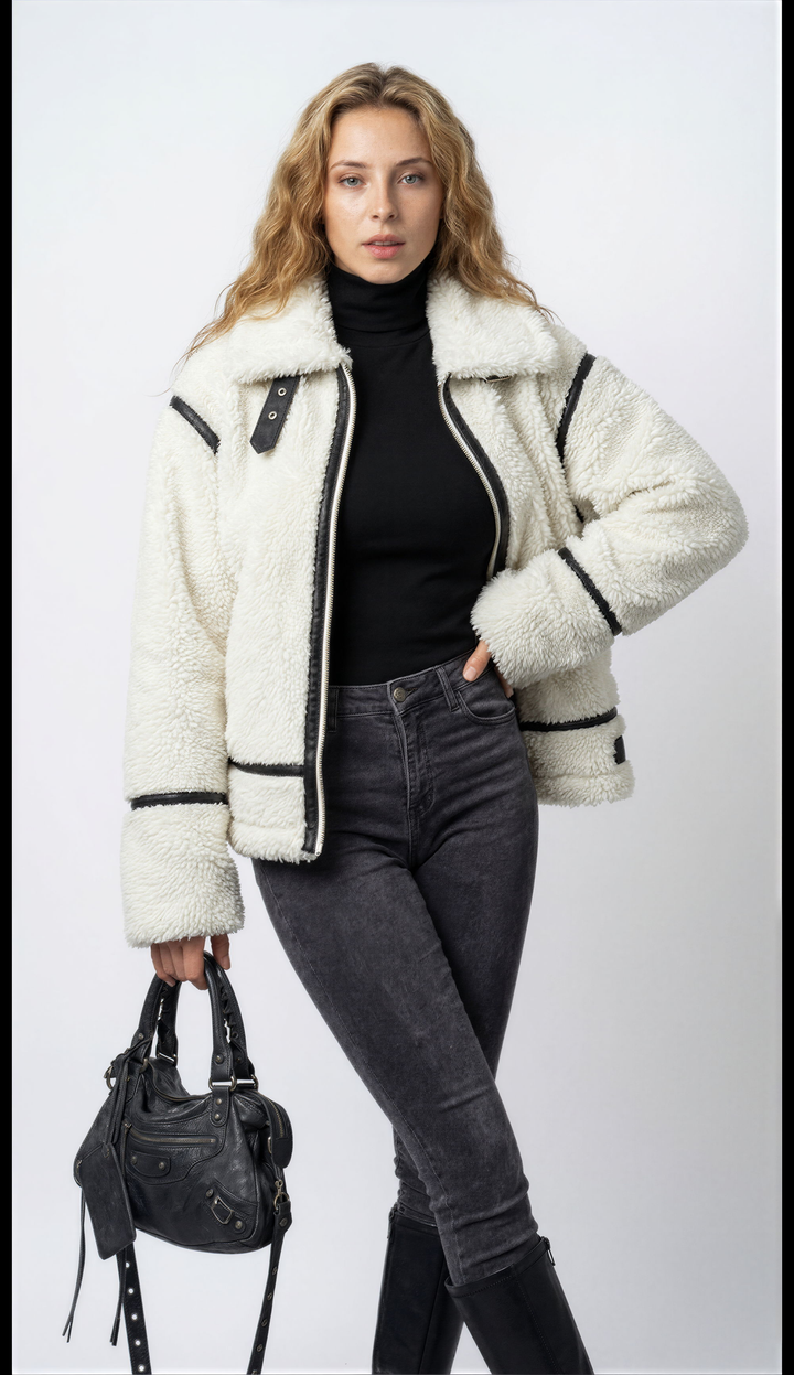 Women's white textured jacket with black trim and front zipper