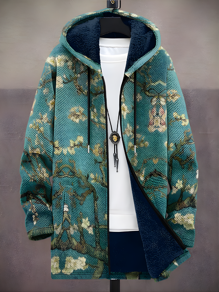 Unisex blue-green floral zip-up hoodie with hood and long sleeves