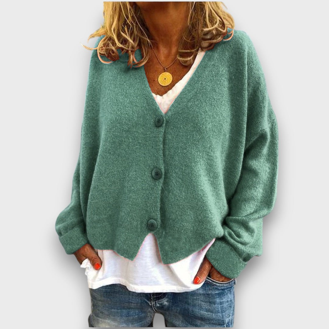 Women's V-neck knit cardigan with long sleeves and button front