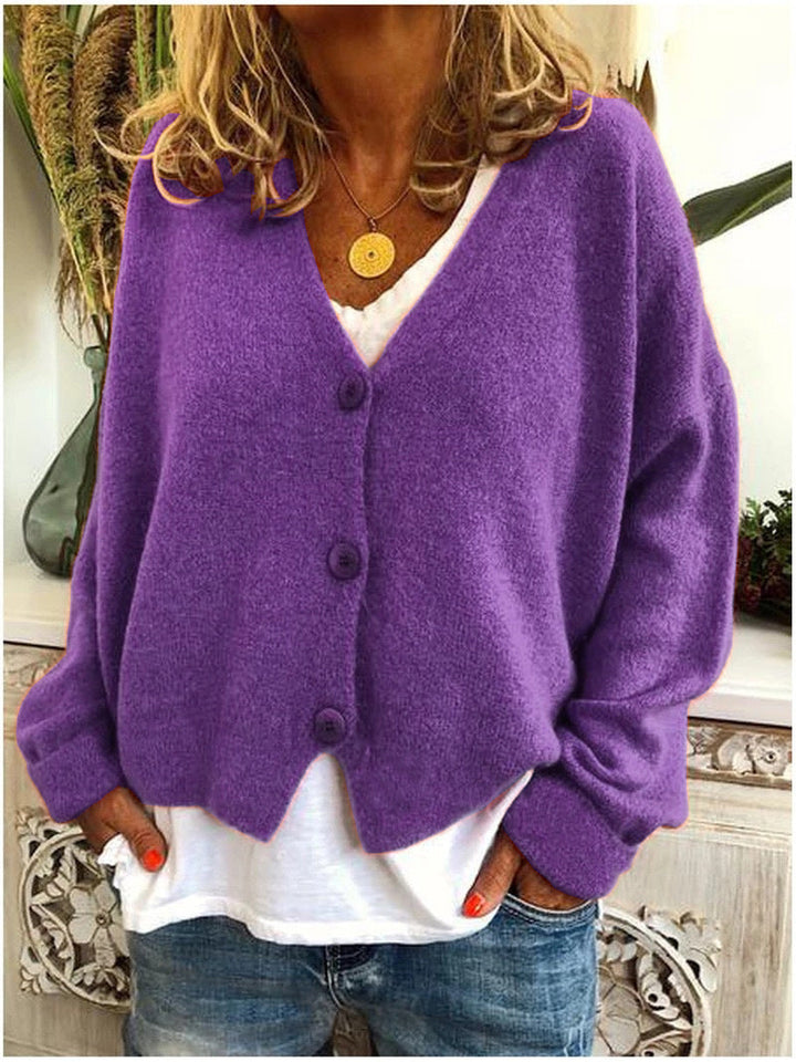 Women's V-neck knitted cardigan with long sleeves and button front
