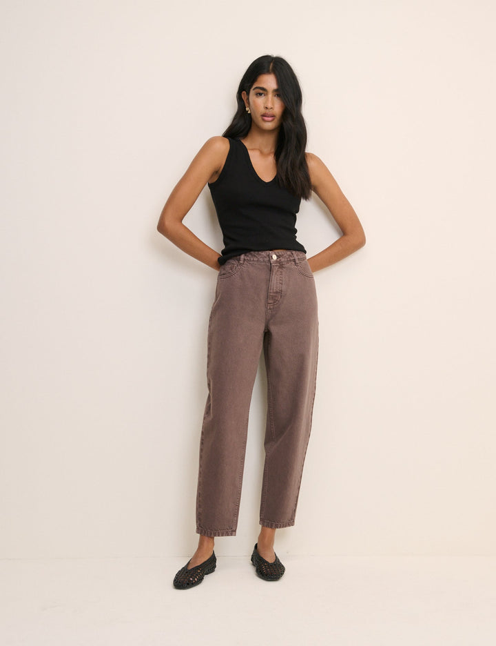Women's brown high-rise cropped barrel leg jeans