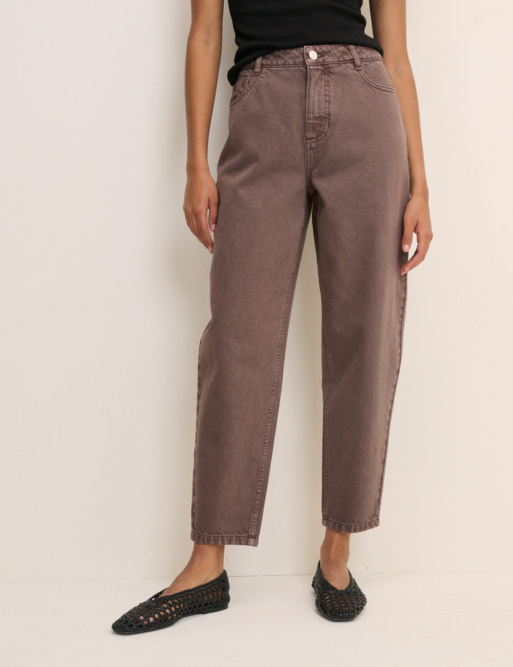 Women's brown high-rise cropped barrel leg jeans