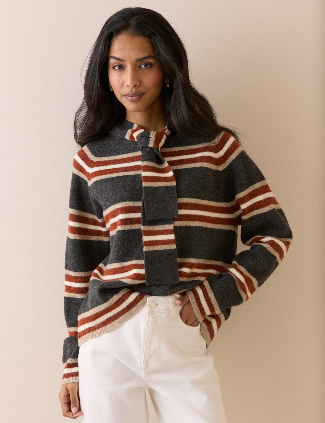 Women's charcoal grey striped hooded jumper with long sleeves