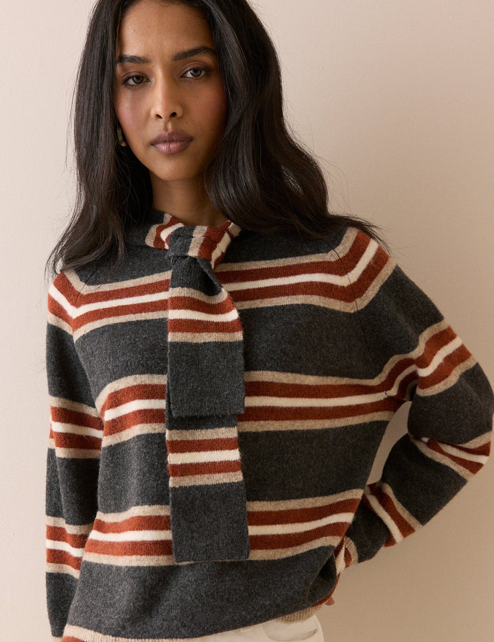 Women's charcoal grey striped hooded jumper with long sleeves