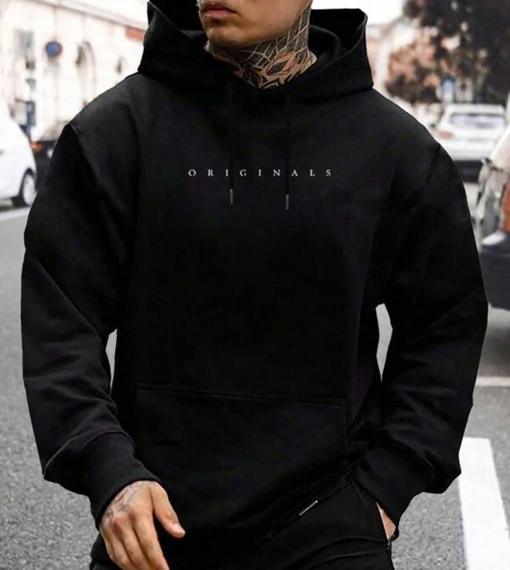 Men's pullover hoodie with drawstring hood, long sleeves, kangaroo pocket and chest text graphic