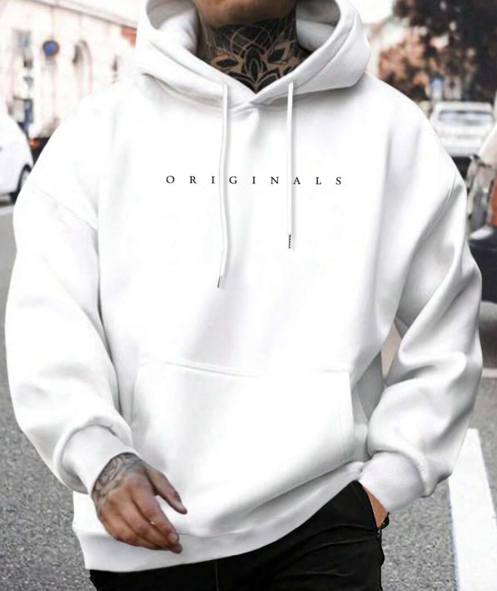 Men's pullover hoodie with drawstring hood, long sleeves, kangaroo pocket and chest text graphic