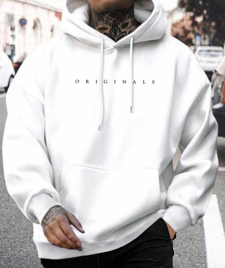 Men's pullover hoodie with drawstring hood, long sleeves, kangaroo pocket and chest text graphic