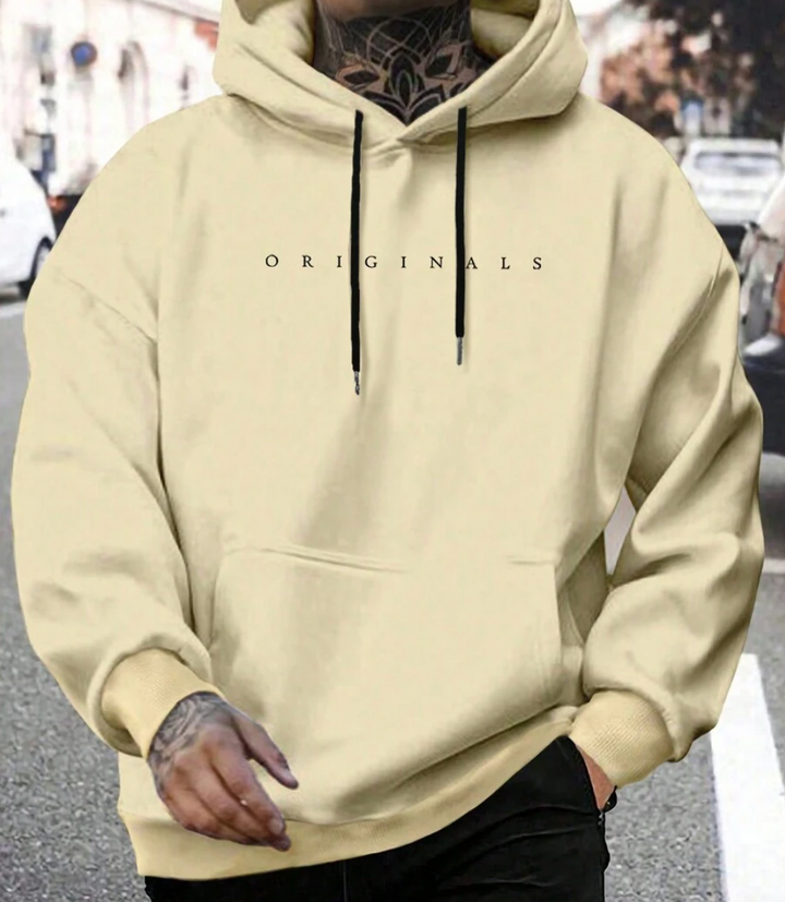 Men's pullover hoodie with drawstring hood, long sleeves, kangaroo pocket and chest text graphic